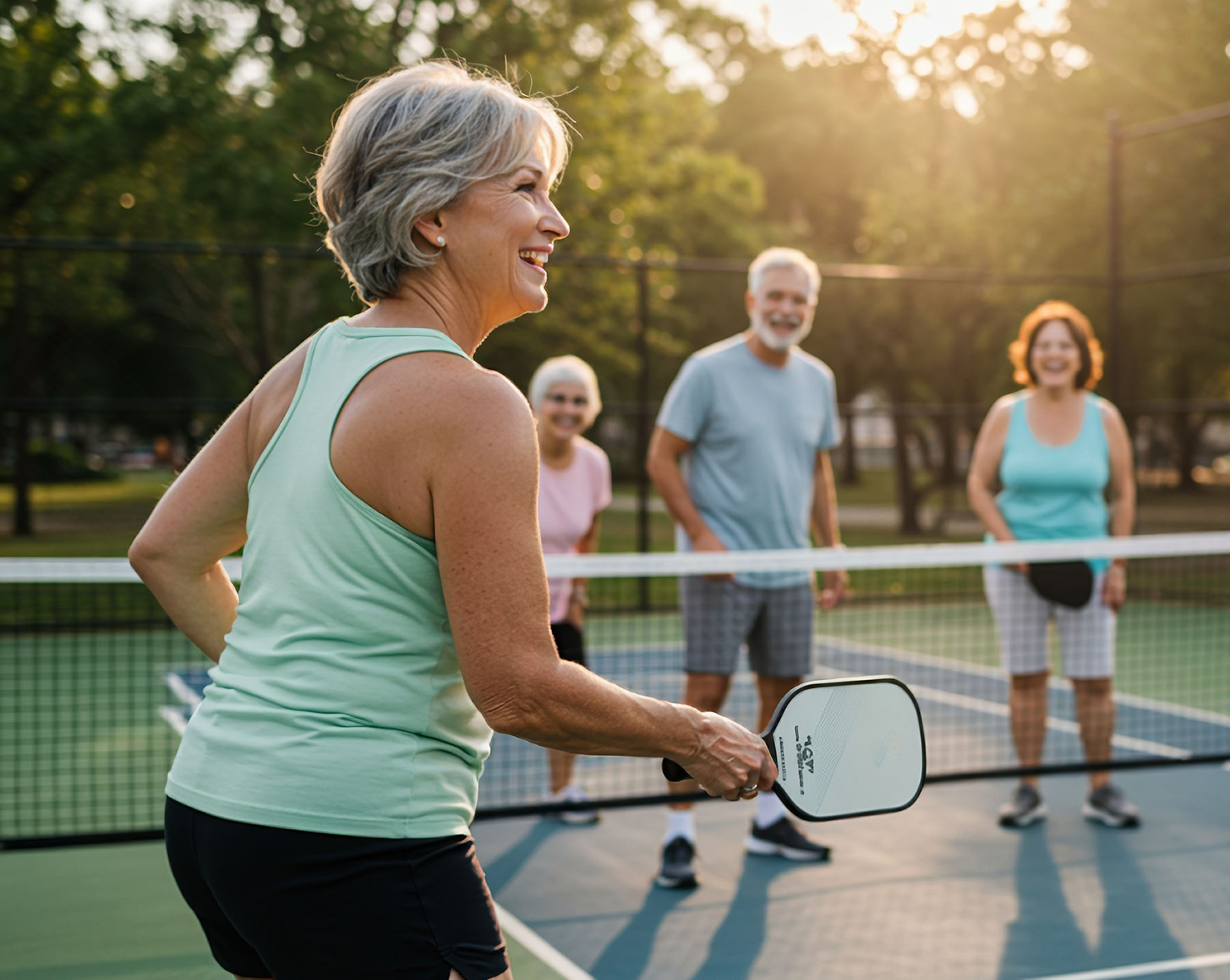 Fit older group playing pickleball together in the Chipeta Hollows subdivision in Grand Junction, CO