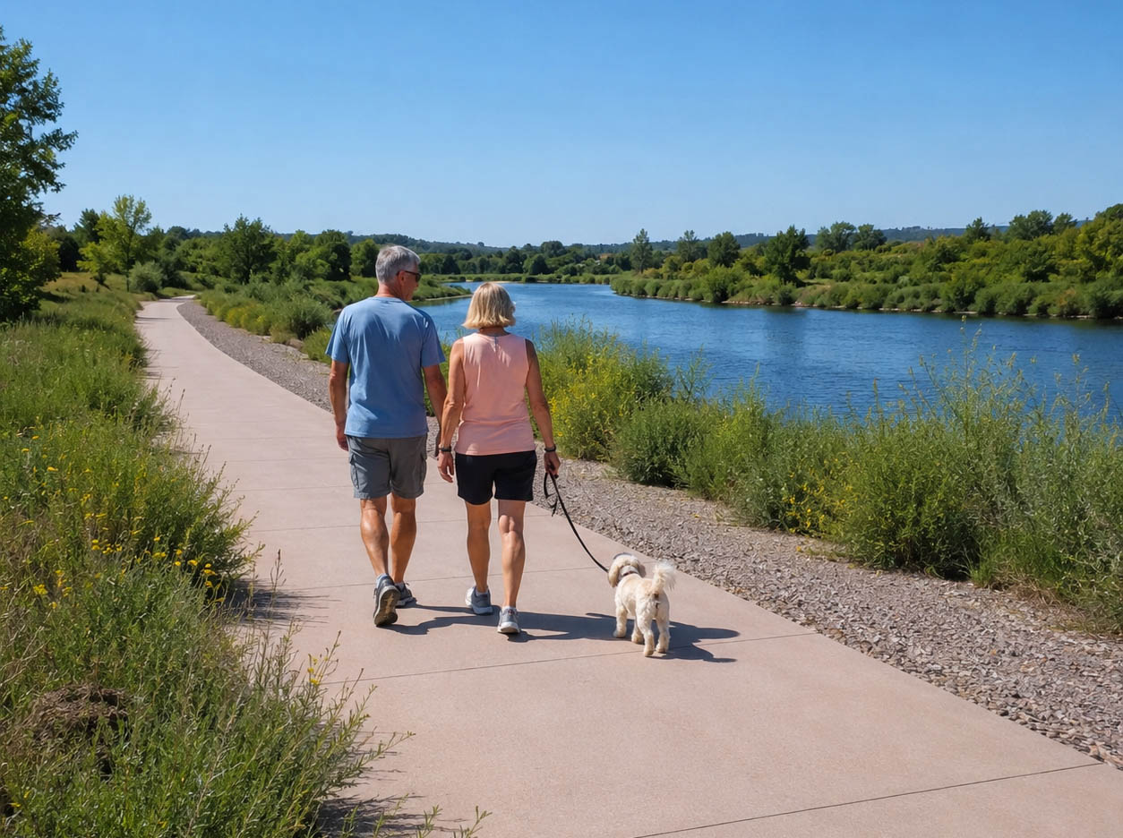 Dog-friendly walking trail along the Colorado Riverfront Trail in Grand Junction, CO with an older couple and their dog